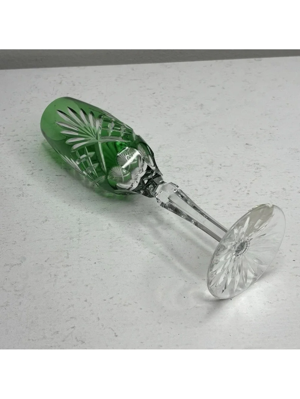 Ajka Crystal Caroline Cut to Clear Emerald Green Champagne Flute
